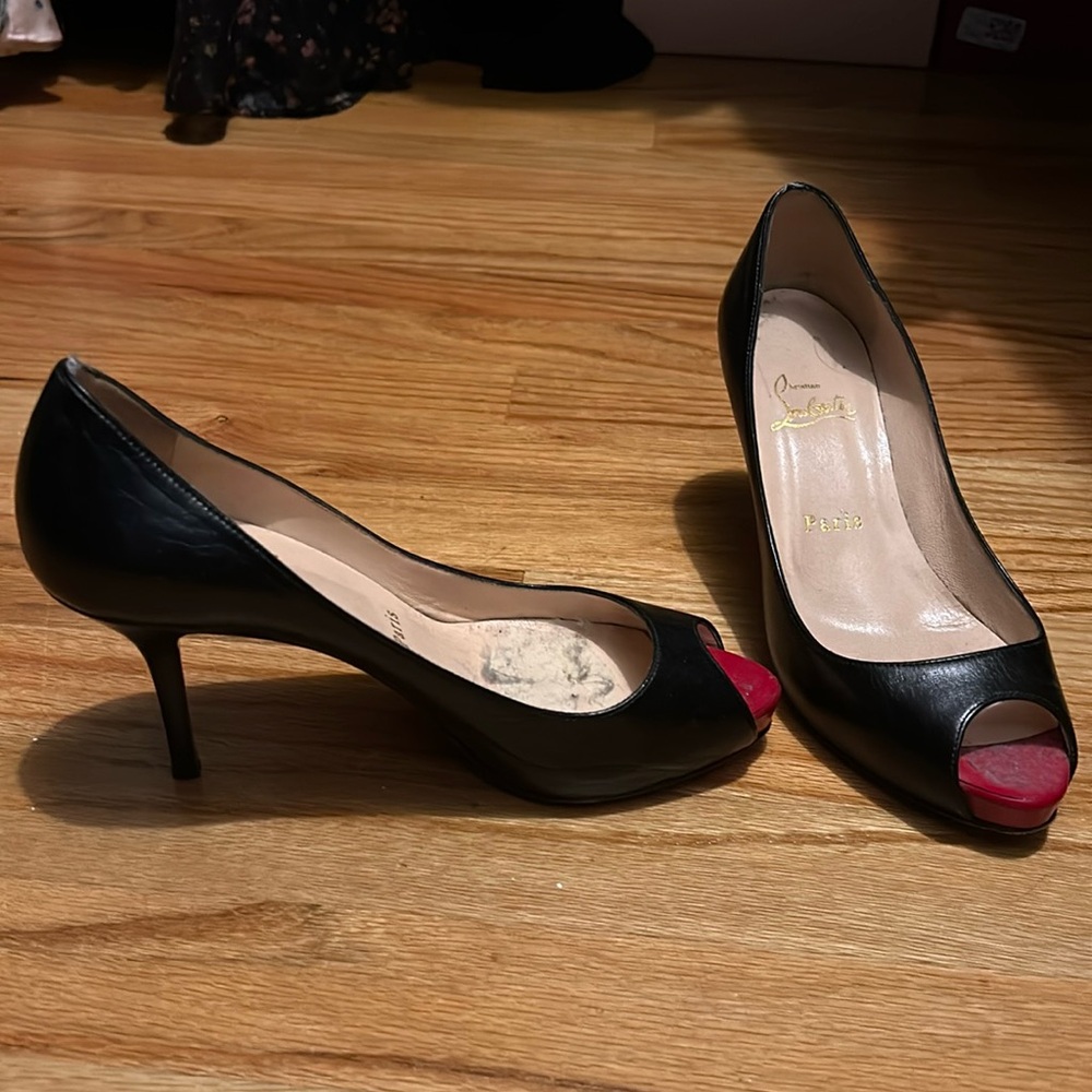 Christian Louboutin black leather peep toe heel